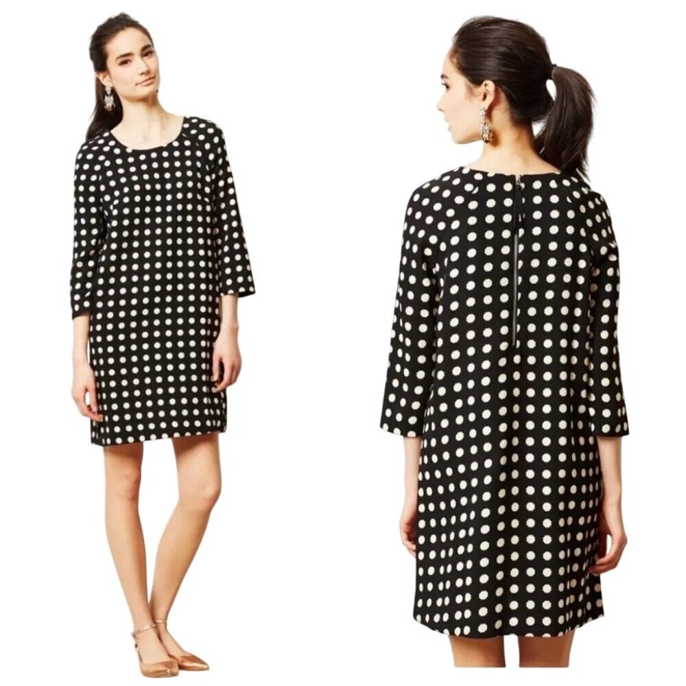Anthropologie Lili Wang Polka Dot Sheath Dress Womens XS Black Cream Career Work